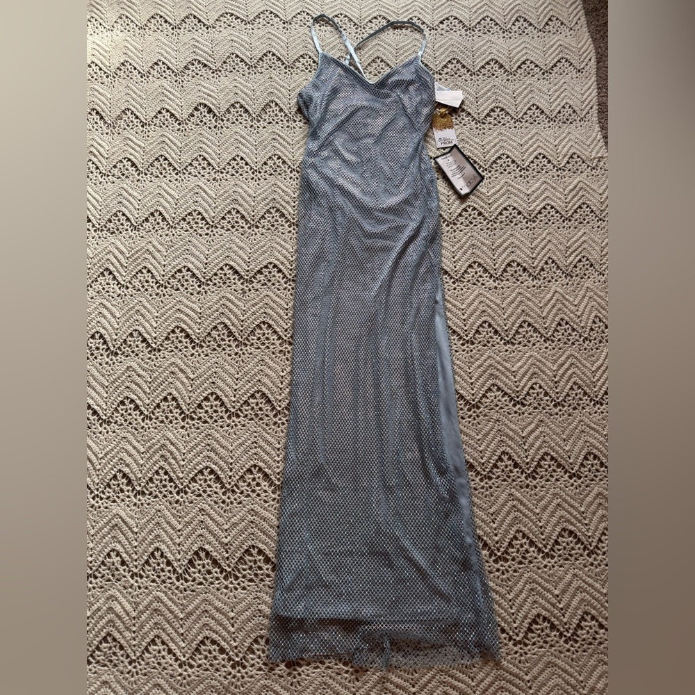 NWT Stunning Silver Rhinestone Mesh Prom Gown Blue Size 9 Maxi Adjustable Straps